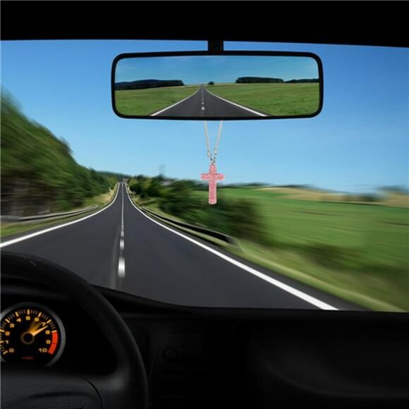 Pink rhinestone cross car mirror hanging ornament christian rearview charm decor - Picture 7 of 8